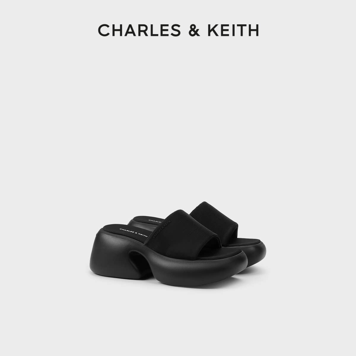 CHARLES&KEITH夏季女鞋CK1-80360150厚底缎面外穿一字带拖鞋女鞋