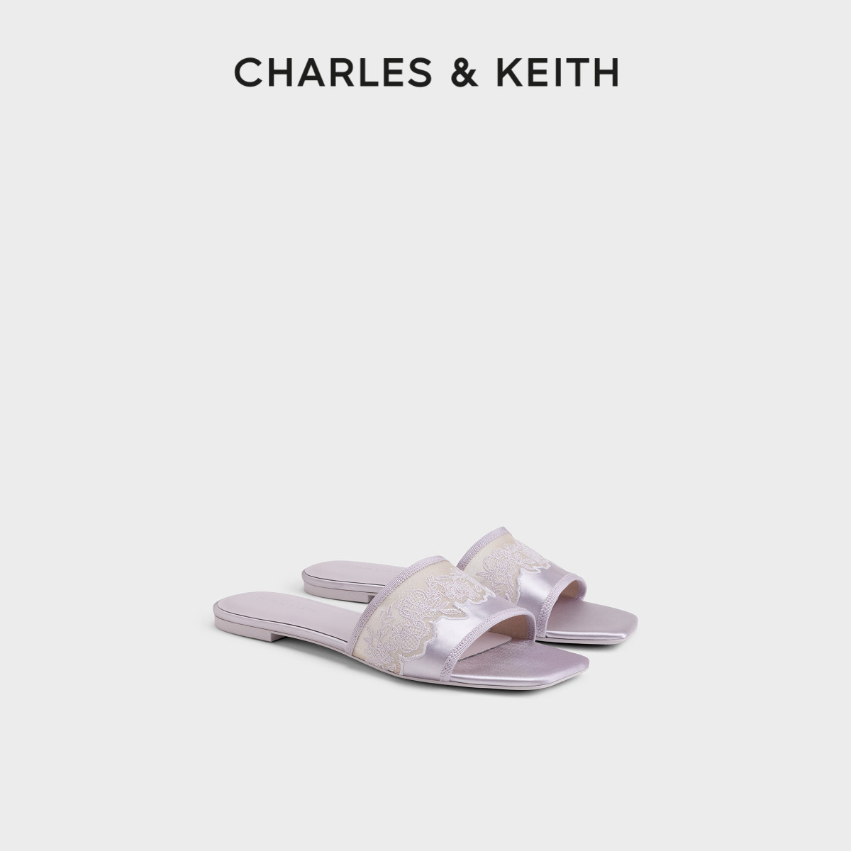 CHARLES&KEITH26夏季新款CK1-70920241蕾丝缎面刺绣平底拖鞋凉鞋