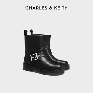 CHARLES&KEITH春夏女靴CK1 90360418金属扣圆头机车骑士靴短靴