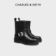 CHARLES&KEITH秋冬女靴CK1 90360418金属扣圆头机车骑士靴短靴