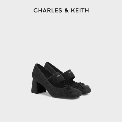 CHARLES&KEITH25冬季新款CK1-60580321粗高跟蝴蝶结玛丽珍鞋单鞋