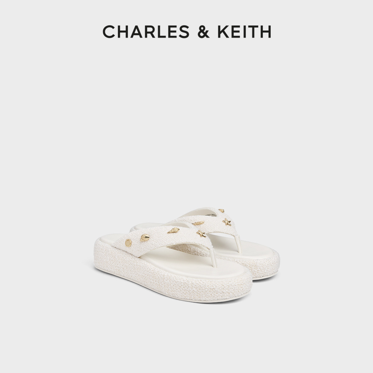 CHARLES&KEITH26夏新款CK1-80580171航海系列粗花呢夹趾厚底拖鞋