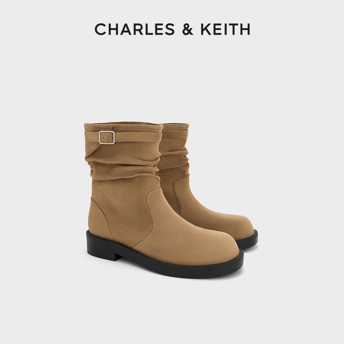 CHARLES&KEITH春季女靴CK1-90580208复古圆头平底褶皱短靴堆堆靴