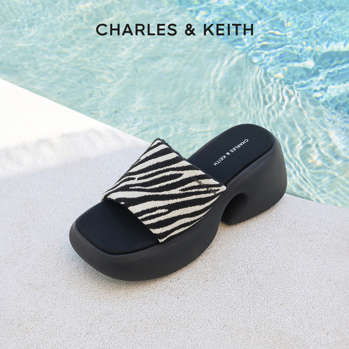 CHARLES&KEITH夏季女鞋CK1-80360150厚底缎面外穿一字带拖鞋女鞋