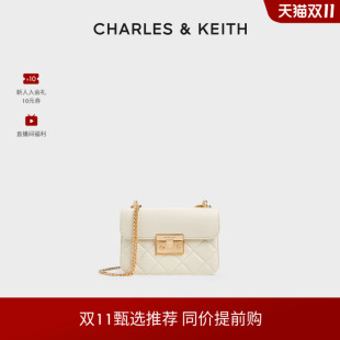 CHARLES&KEITH秋冬女包CK2 80701360拼接菱格链条斜挎小方包女包