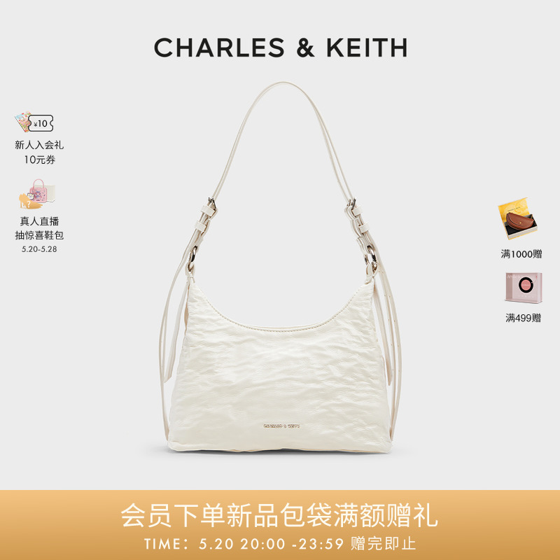 CHARLES&KEITH24夏新款CK2-40271360褶皱油蜡皮手提单肩腋下包女