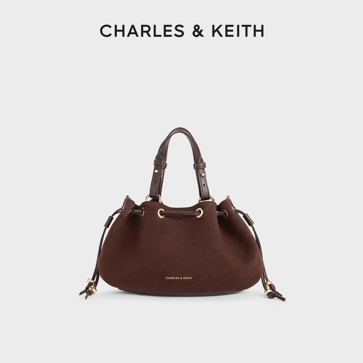 CHARLES&KEITH26春新款CK2-10671896-1抽绳绒面手提斜挎水桶包