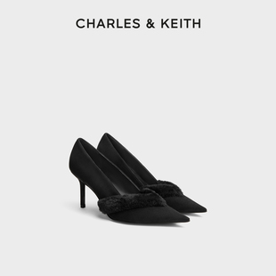 CHARLES&KEITH26冬新款CK1-60361643时尚尖头毛绒高跟鞋单鞋