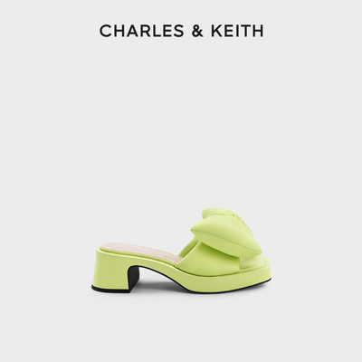 CHARLES&KEITH春季女鞋CK1-61720141蝴蝶结装饰粗跟方头拖鞋女