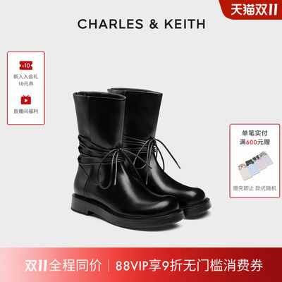 CHARLES&KEITH25冬新款CK1-90920164圆头厚底系带拉链短靴骑士靴