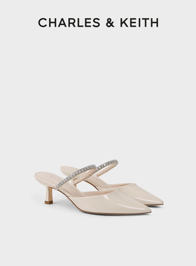 CHARLES&KEITH秋冬女鞋CK1-60920353亮钻一字带尖头高跟穆勒拖鞋