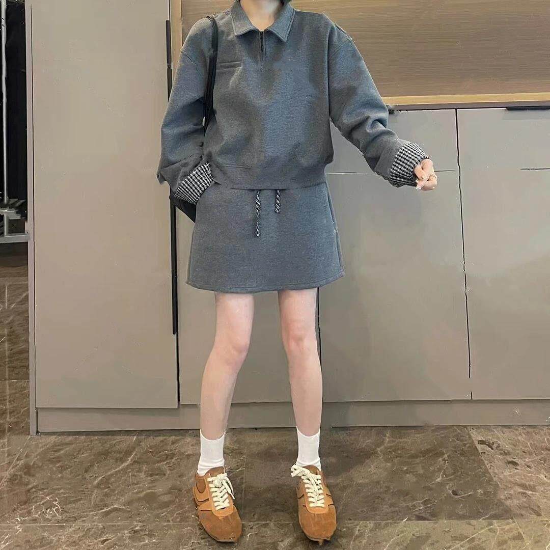 香港时尚休闲气质两件套2025秋胖MM翻领拼接卫衣半身裙显瘦套装裙