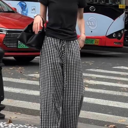 tach damas夏款复古黑白格子休闲裤高腰垂感系带宽松显瘦百搭长裤