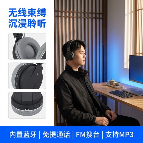 头戴式蓝牙耳机SH12插卡收音主动降噪游戏无线耳机