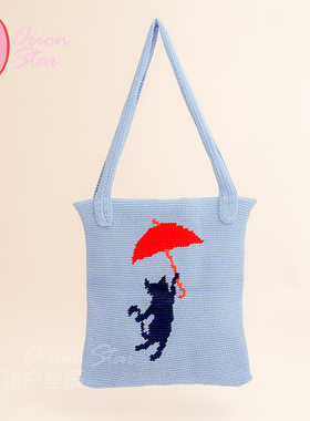 女包蓝色猫咪钩织毛线手工编织包成品文艺单肩包新款大容量ins风