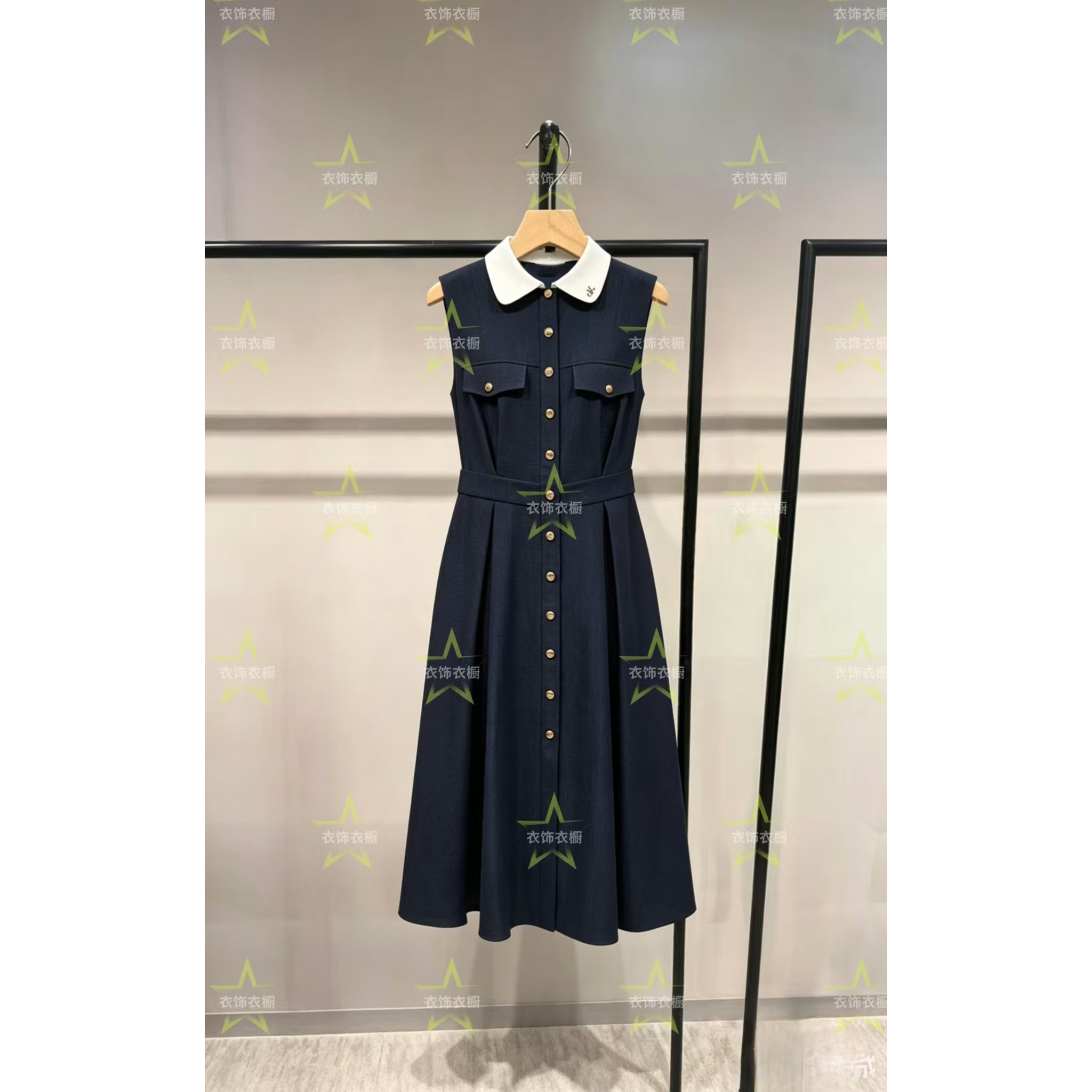 女2026连衣裙新款撞色时尚翻领高腰线收褶中长裙3252SZ007-HU
