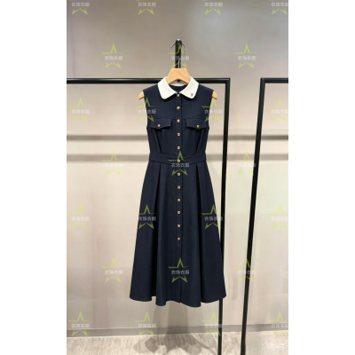 女2026连衣裙新款撞色时尚翻领高腰线收褶中长裙3252SZ007-HU