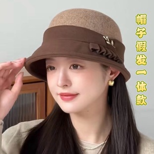 帽子假发一体女秋冬新款直发毛呢渔夫帽齐肩短直发气质中老年妈妈