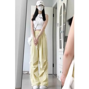 降落伞工装 新款 高腰休闲条纹美式 裤 女春秋夏季 阔腿速干运动裤 薄款