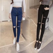 破洞铅笔小脚裤 显瘦弹力紧身高腰黑色夏季 子 女韩版 清仓捡漏牛仔裤