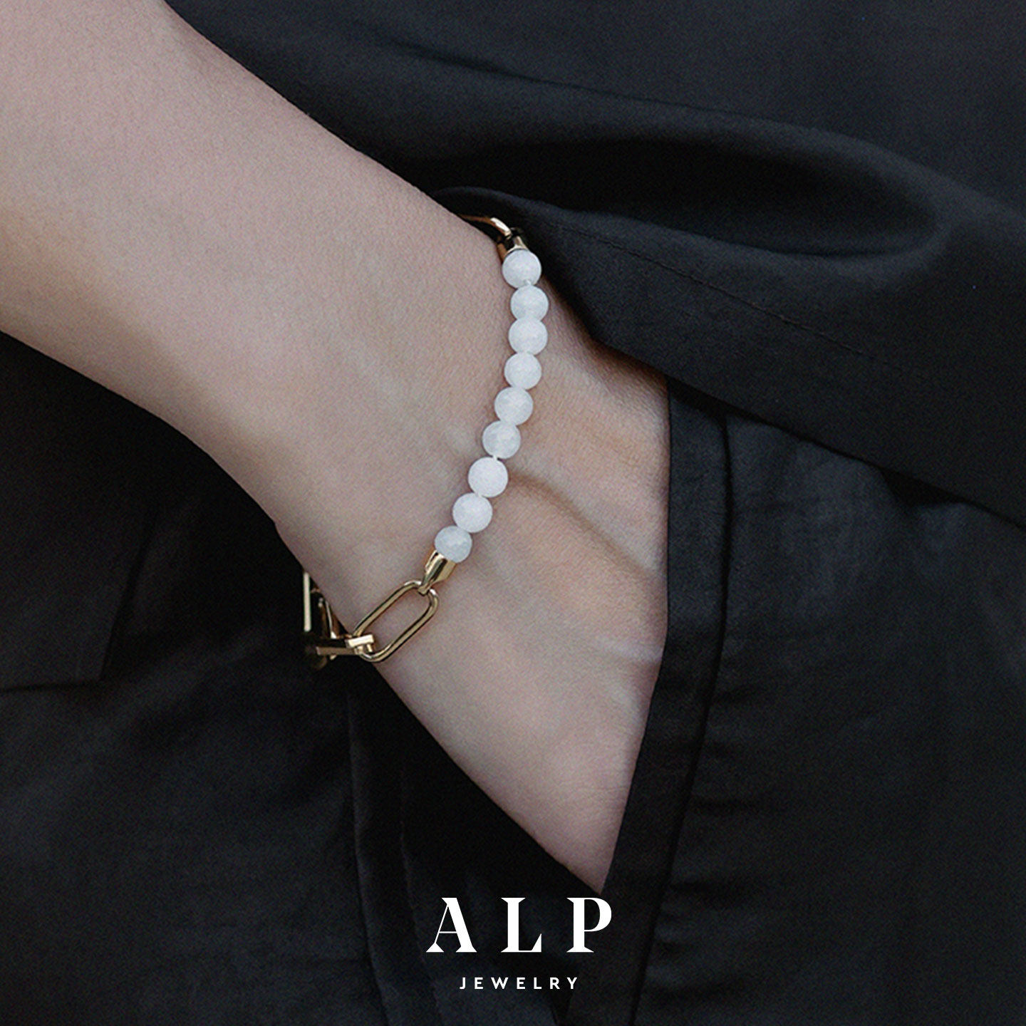 官方ALP JEWELRY听玉新中式糯冰白翡翠圆珠手串白月光锁链手链
