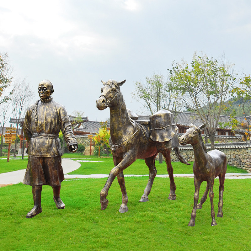 户外人物仿铜雕塑茶文化景观小品园林摆件运茶马玻璃钢农庄装饰品