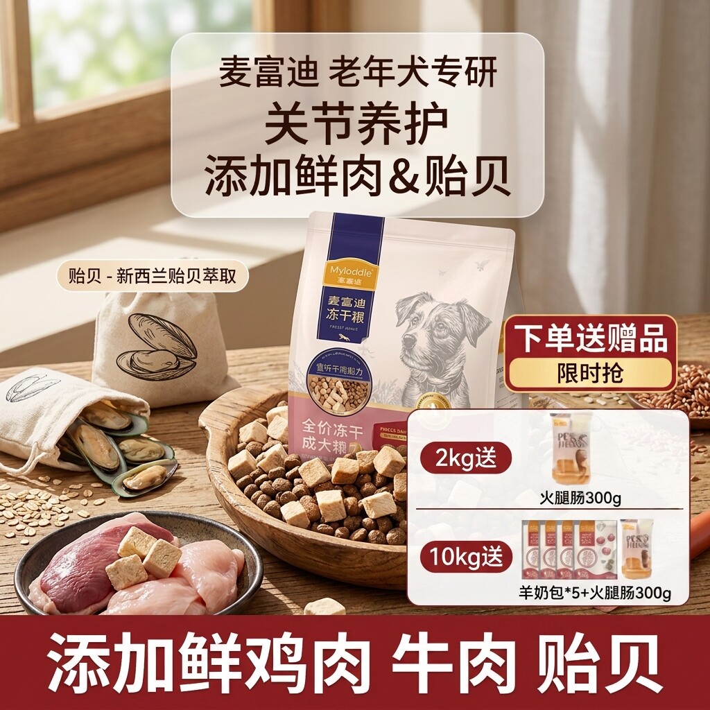 麦富迪狗粮牛肉贻贝无谷冻干双拼老年犬粮营养均衡配方全价膨化粮