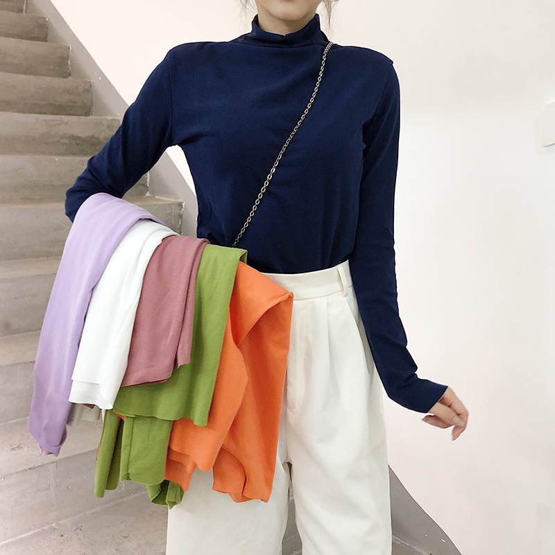 网红上衣外穿高领打底衫女秋冬新款糖果内搭堆堆领长袖紧身T恤女满59.00元可用20元优惠券