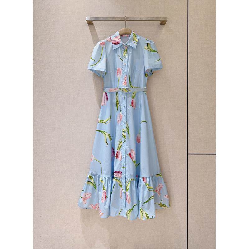 荷叶边褶皱设计郁金香印花衬衫式连衣裙