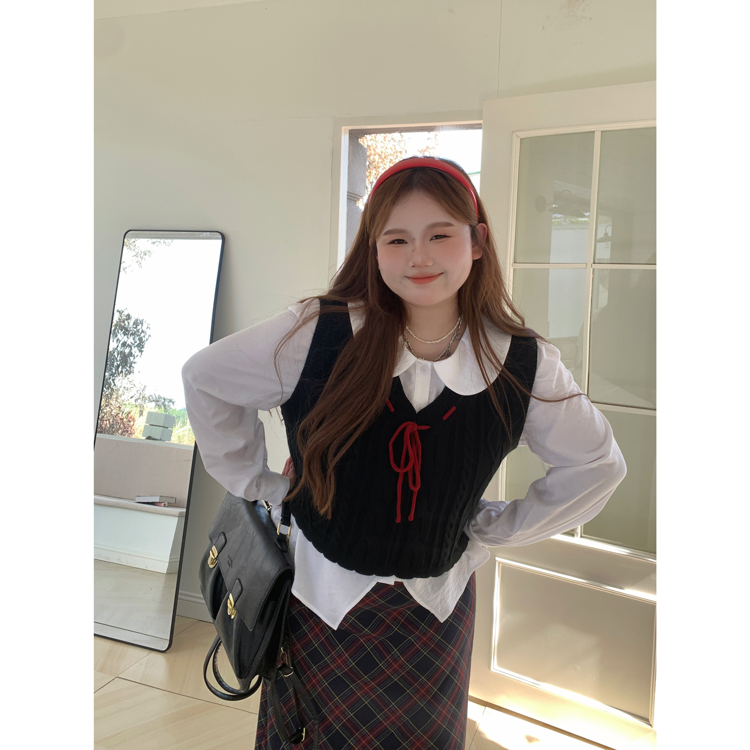 徐达布大码宽松娃娃领衬衫女2023新款秋微胖mm慵懒风显瘦长袖上衣