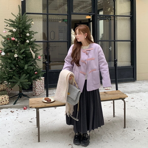 徐达布胖妹妹紫色呢大衣女冬季大码宽松显瘦小香气质微胖毛呢外套