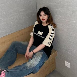 t恤女ins潮美式 衣简衫 短袖 夏季 复古圆领字母印花宽松百搭上衣 新款