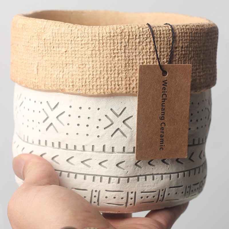 北欧风格|水泥花盆复古方格风格简约创意盆栽绿萝绿植有孔花盆