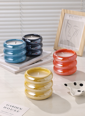 北欧ins风香薰蜡烛轻奢糖果釉面多彩甜甜圈蜡烛杯民宿酒店家摆饰
