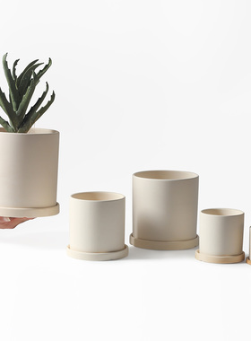 北欧简约透气陶瓷素烧花盆室内绿萝多肉盆栽陶盆兰花大号小带托盘