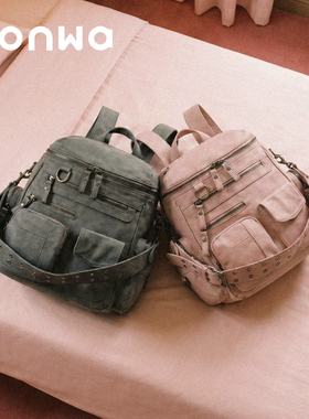 SONWA/原创 莫里斯本双肩包 美式复古学院多口袋拉链通勤机车背包