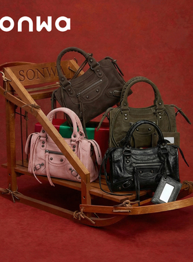 SONWA/巴黎复古机车小方包 油蜡/麂皮铆钉辣妹小号单肩手提斜挎包