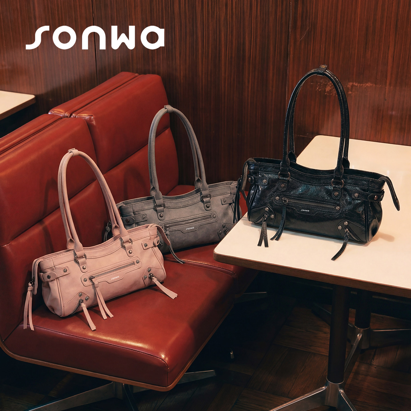 SONWA/原创 横款巴黎机车包 复古铆钉流苏辣妹单肩手提法棍腋下包