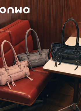 SONWA/原创 横款巴黎机车包 复古铆钉流苏辣妹单肩手提法棍腋下包