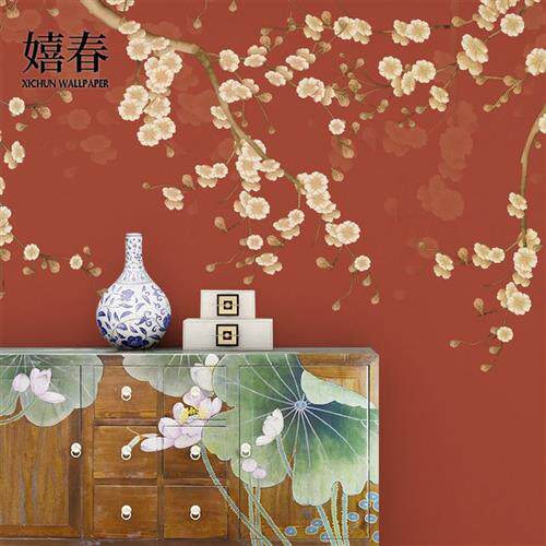 2021喜庆海棠花墙布新中式壁纸红色墙纸客厅沙发电视背景墙壁画3d