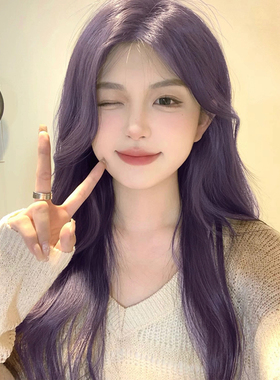 前额蕾丝假发女长发中分八字刘海紫色JK长卷发仿全真人发全头套式