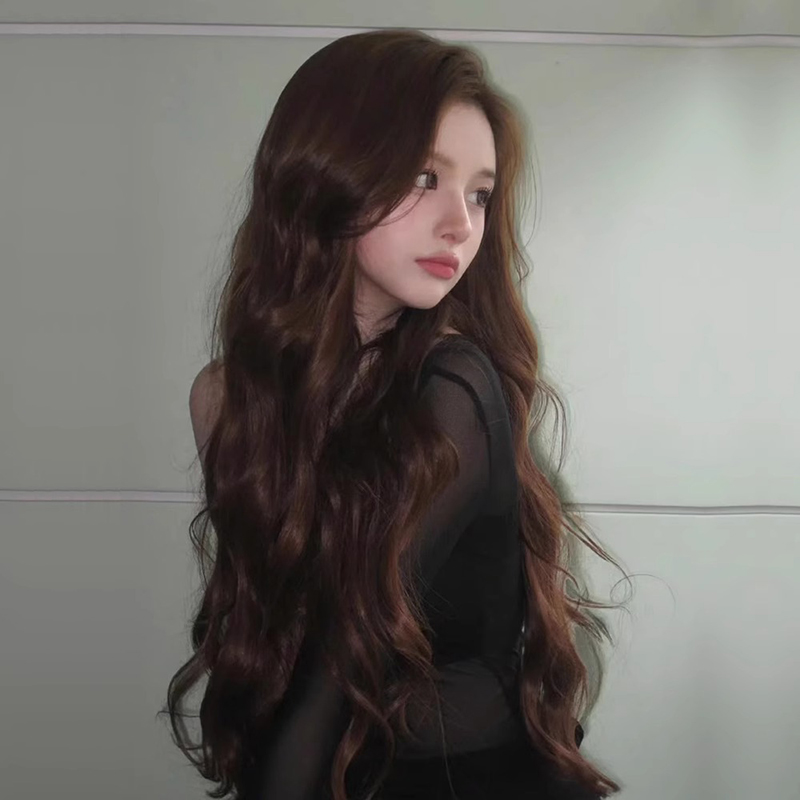 前蕾丝假发女超长卷发全头套女团中分波浪巧克力棕色洛丽塔lolita
