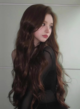 前蕾丝假发女超长卷发全头套女团中分波浪巧克力棕色洛丽塔lolita
