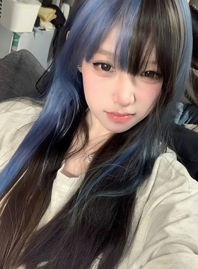 蓝色假发挑染刘海渐变y2k全头套女辣妹爆顶染长直发亚文化朋克jk