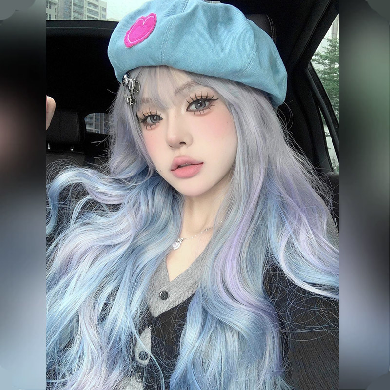 黑色草莓lolita长卷发大波浪蓝紫灰挑染渐变彩色洛丽塔全头套