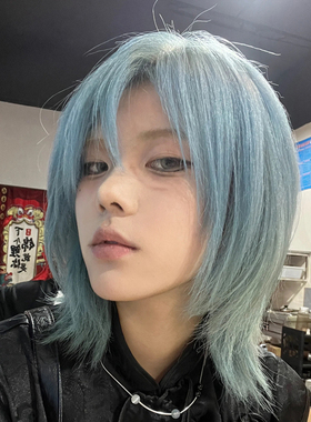 黑色草莓假发女短发锁骨发浅蓝色个性时尚自然全头套网红整顶假发
