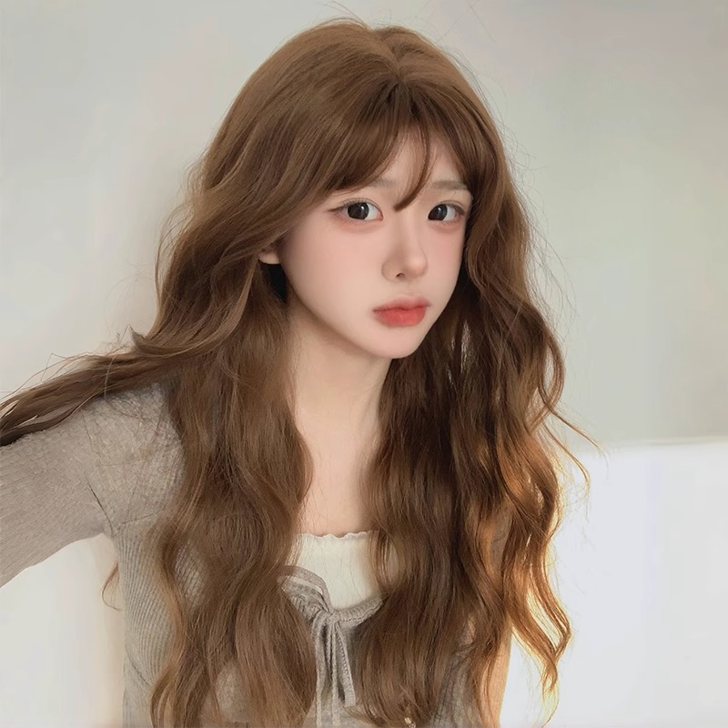 假发女长发长卷发亚麻茶棕色蛋卷空气刘海自然羊毛卷仿真全头套