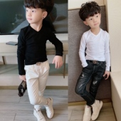 T恤儿童打底衫 童装 T恤上衣 男童百搭修身 纯棉v领长袖 2020秋装 新款