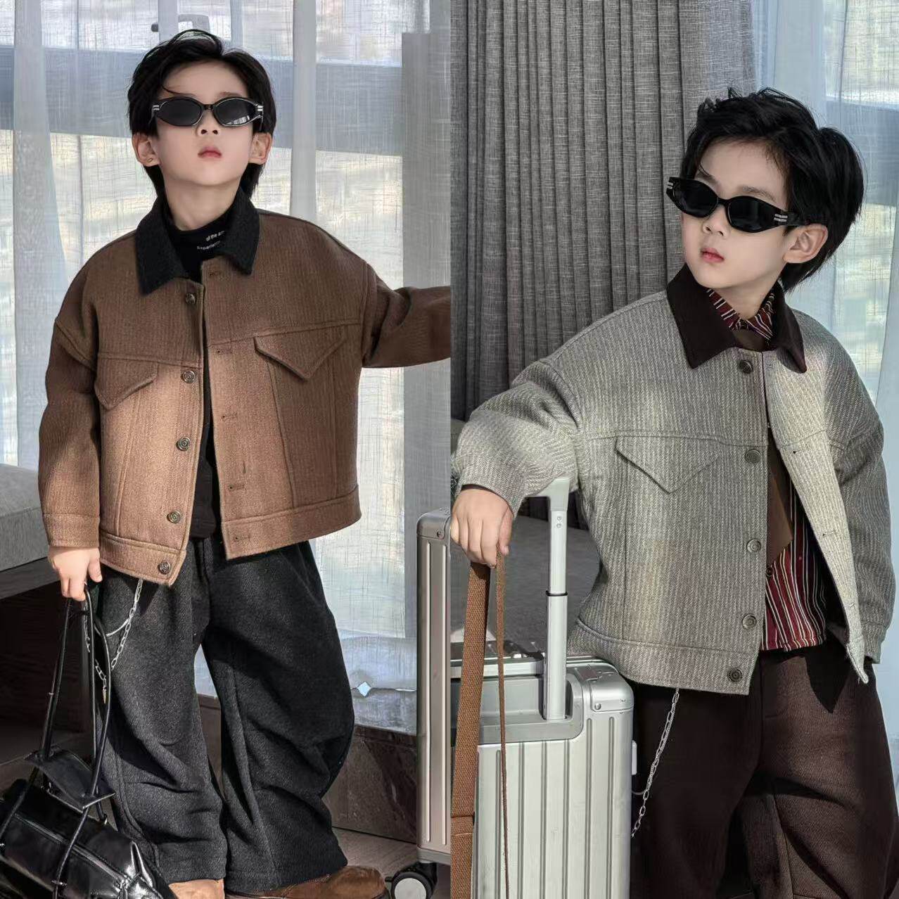 复古轻奢儿童翻领夹克套装中大男童秋冬撞色休闲两件套潮年货童装