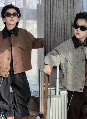 复古轻奢儿童翻领夹克套装中大男童秋冬撞色休闲两件套潮年货童装